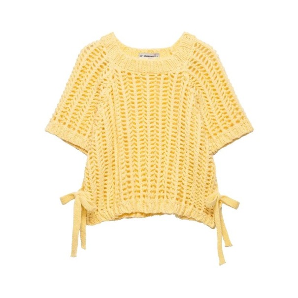 Dámský pletený svetr s krátkým rukávem Zavazování na tkaničky na bocích Jednobarevný elegantní top s výstřihem do O Polyester Různé barvy žlutá S