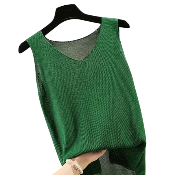 Dámský pletený top bez rukávů s výstřihem do V Elegantní vzdušný úpletový tílko volného střihu Letní top do kanceláře i na volný čas zelená