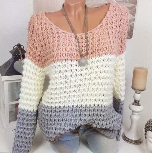 Dámský pruhovaný pletený svetr růžová XXL