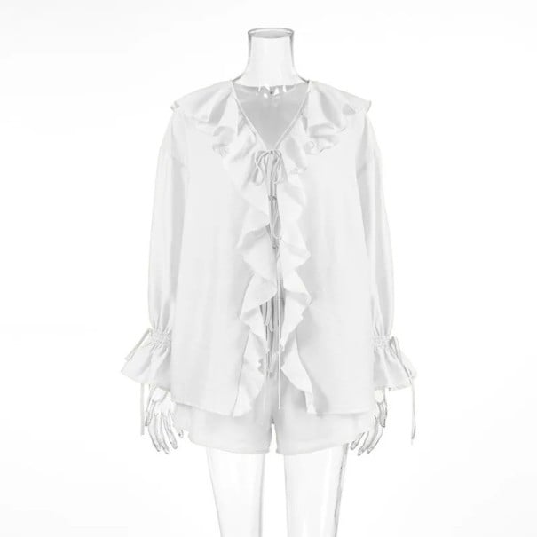 Dámský set halenka a kraťasy Halenka s volány a dlouhým rukávem Stahovací šňůrka v pase Polyester Dvoudílný letní komplet na běžné nošení bílá S