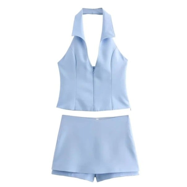 Dámský set halenkový top a kraťasová sukně Elegantní střih z polyesteru Límeček s véčkovým výstřihem Zapínání na zip Volný čas i společenské příležitosti modrá XS