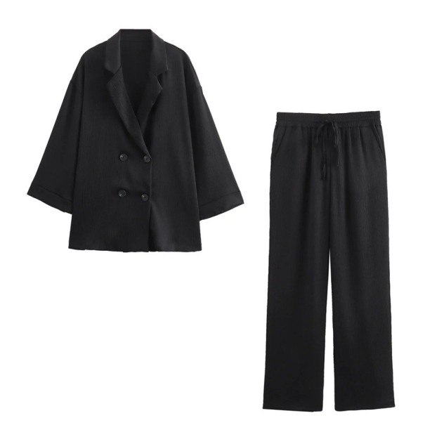 Dámský Set Horní Díl s Klopovým Límcem a Dvouřadovým Zapínáním a Dlouhé Široké Kalhoty Stahování v Pase se Šňůrkou Polyester Na Volný Čas černá XS