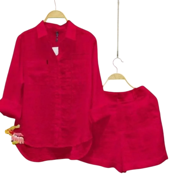 Dámský Set Košile s Límečkem a Náprsní Kapsou a Volné Kraťasy Delší Rukávy Polyester Pohodlný Letní Komplet Na Léto i Volný Čas červená XXL