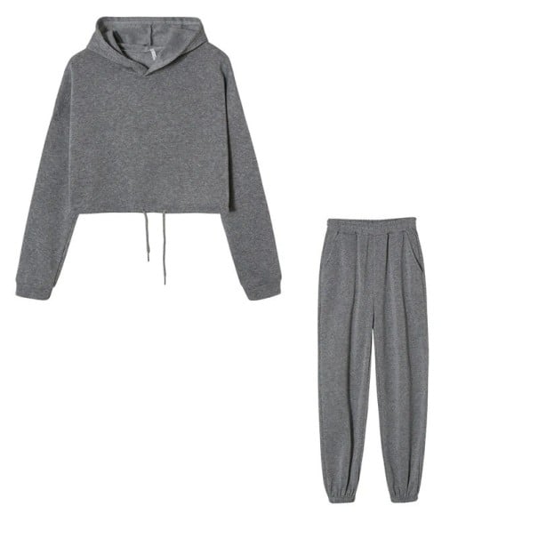 Dámský Set Mikina s Kapucí Crop Střih a Tepláky se Stahováním v Pase a Manžetami Polyester Tepláková Souprava Na Sport i Volný Čas černá S