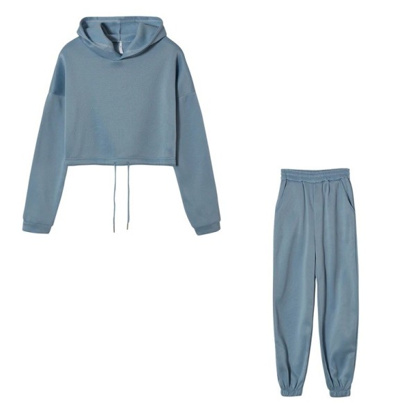 Dámský Set Mikina s Kapucí Crop Střih a Tepláky se Stahováním v Pase a Manžetami Polyester Tepláková Souprava Na Sport i Volný Čas modrá XXL