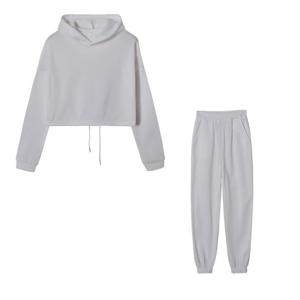 Dámsky Set Mikina s Kapucňou Crop Strih a Tepláky so Stahovaním v Pase a Manžetami Polyester Tepláková Súprava Na Šport i Voľný Čas biela XXL