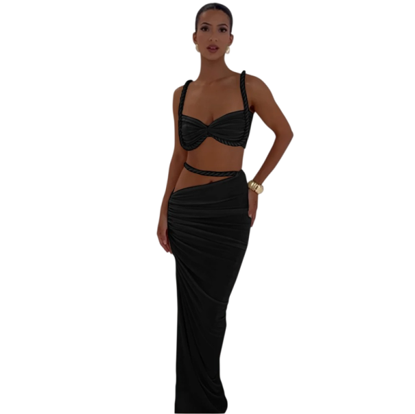 Dámský set top a sukně Crop top s ramínky Dlouhá řasená maxi sukně Elastan a polyester Dvoudílný komplet na večer i slavnostní příležitosti černá XS