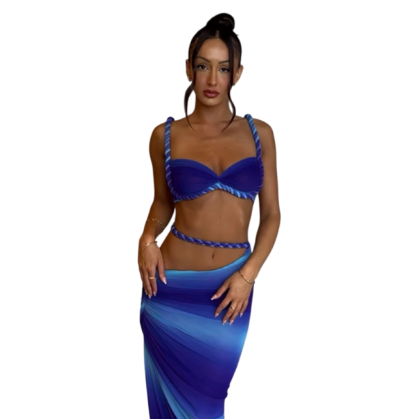 Dámský set top a sukně Crop top s ramínky Dlouhá řasená maxi sukně Elastan a polyester Dvoudílný komplet na večer i slavnostní příležitosti modrá XL