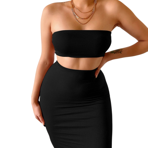 Dámský set top a sukně Dvoudílný komplet Top bez ramínek Pouzdrová sukně Přiléhavý střih Polyester a elastan Na společenské i běžné nošení černá XS