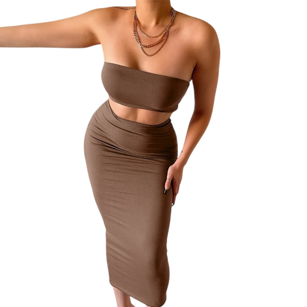 Dámský set top a sukně Dvoudílný komplet Top bez ramínek Pouzdrová sukně Přiléhavý střih Polyester a elastan Na společenské i běžné nošení hnědá M
