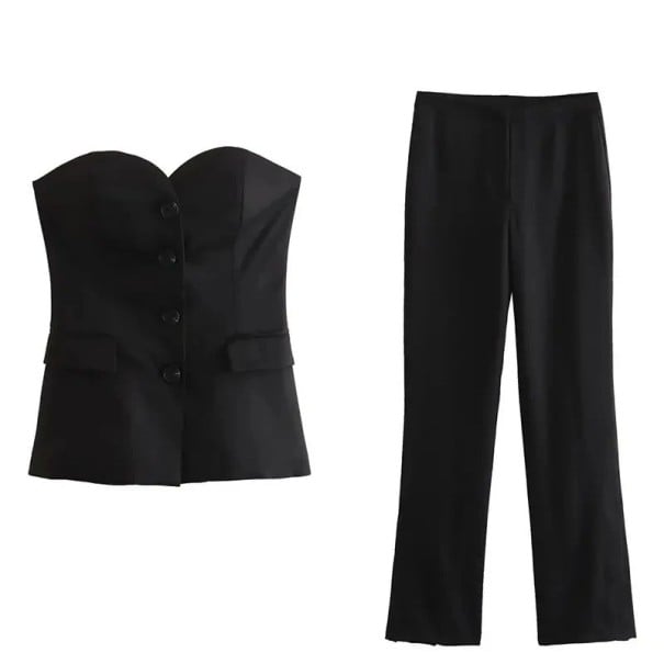 Dámský set top bez ramínek a kalhoty Elegantní střih z polyesteru Zapínání na knoflíky Dlouhé nohavice Volný čas i společenské příležitosti černá XS
