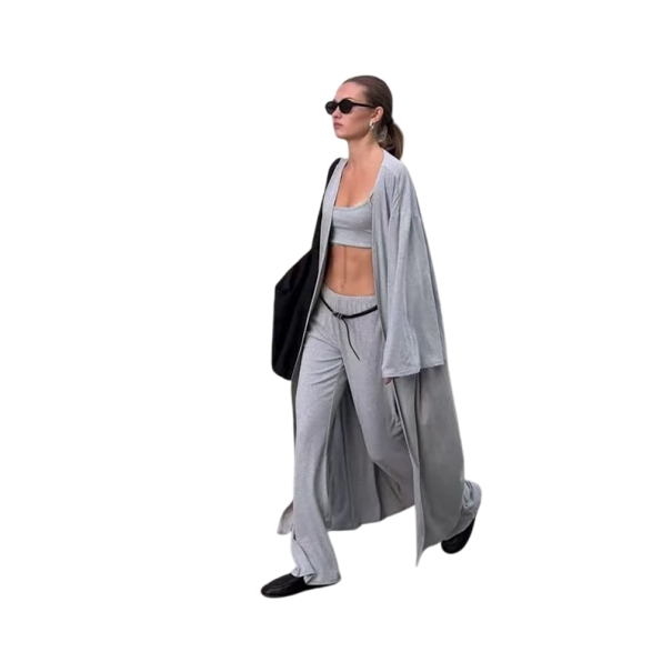 Dámský set Třídílný komplet kardigan top na ramínka a široké kalhoty Měkký a pružný materiál modal a elastan Na běžné nošení i volný čas šedá L