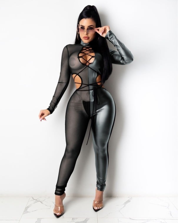 Dámský sexy kožený overal B866 stříbrná L