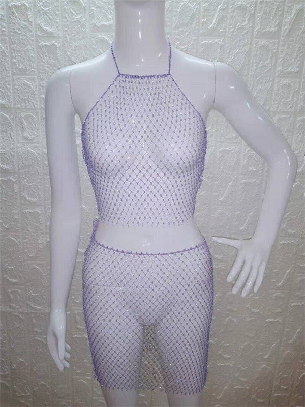 Dámsky sieťový crop top a sukňa fialová