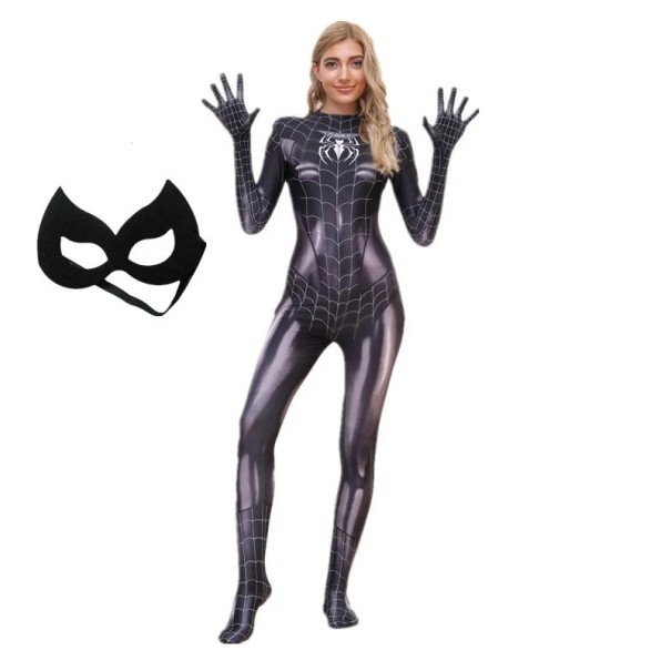 Dámský spiderman kostým s maskou na oči Dámský kostým Cosplay černý Spidermana Spiderman oblek Karnevalový kostým Halloweenská maska Superhrdinský převlek pro ženy XS