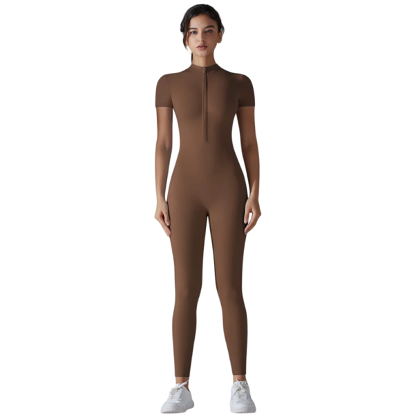 Dámský sportovní overal s krátkým rukávem Zip ve výstřihu Přiléhavé legíny Jednobarevný Nylon Spandex Fitness oblečení hnědá XL