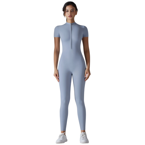 Dámský sportovní overal s krátkým rukávem Zip ve výstřihu Přiléhavé legíny Jednobarevný Nylon Spandex Fitness oblečení modrá S