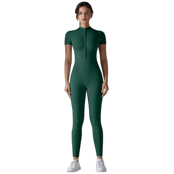 Dámský sportovní overal s krátkým rukávem Zip ve výstřihu Přiléhavé legíny Jednobarevný Nylon Spandex Fitness oblečení zelená S