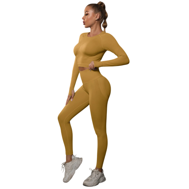 Dámský sportovní set legíny a triko s dlouhým rukávem Vysoký pas Bezešvý strečový materiál Elastan a nylon Na fitness jógu i běhání žlutá L