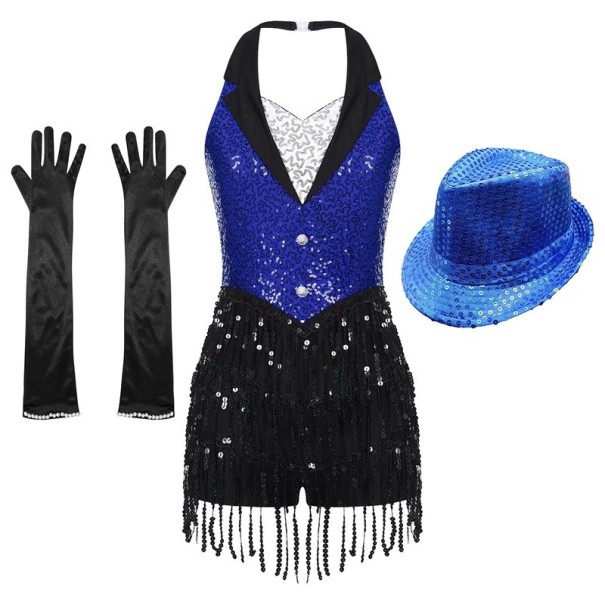 Dámský taneční set šaty s flitry a třásněmi, klobouk a rukavice, vzhled vesty s límcem, polyester elastan, na latinu a jazz modrá S