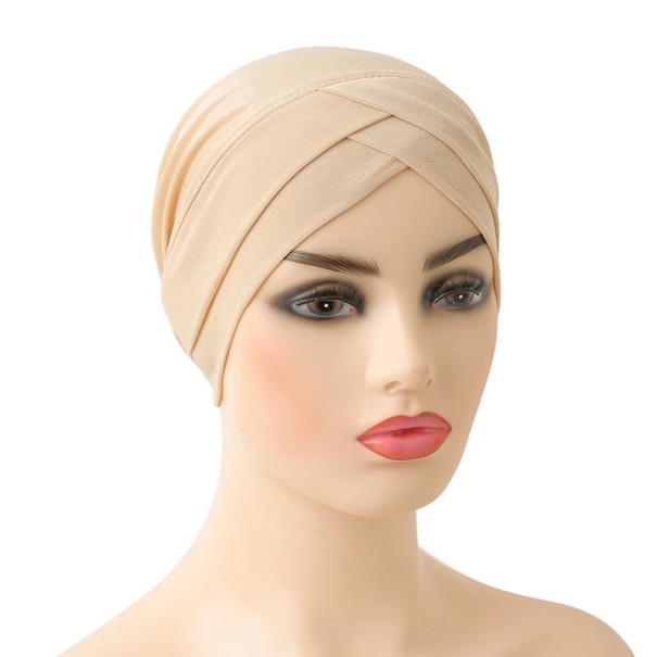 Dámský turban s kříženým designem z lycry elastická pokrývka hlavy pro každodenní nošení, společenské využití béžova