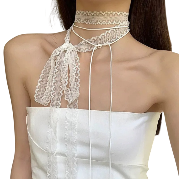 Dámský zavazovací choker s krajkou, bílé barvy, elegantní módní doplněk pro slavnostní a volnočasové outfity 1