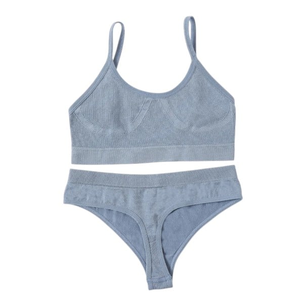 Dámsky žebrovaný set spodného prádla bralette podprsenka bez kostic s pružným spodným lemem a tanga so širokým pásom modrá M