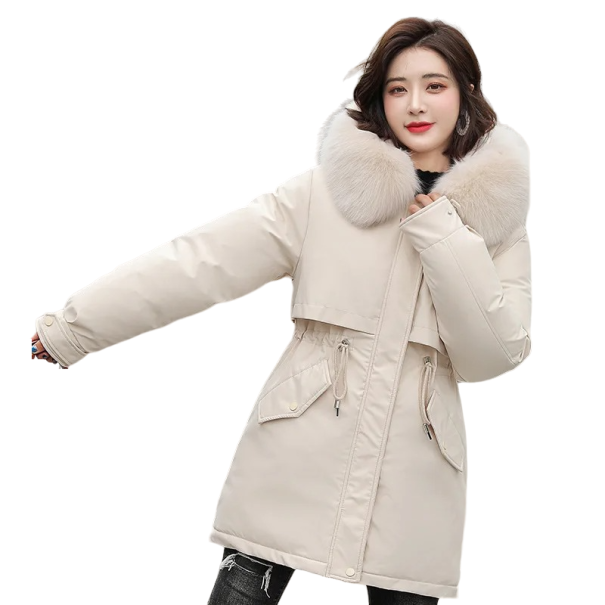 Dámský zimní kabát s chlupatou kapucí bílá L