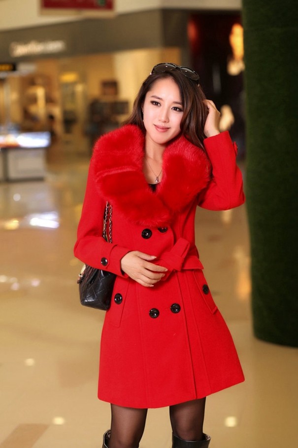 Dámský zimní kabát s výrazným límcem J3021 červená L