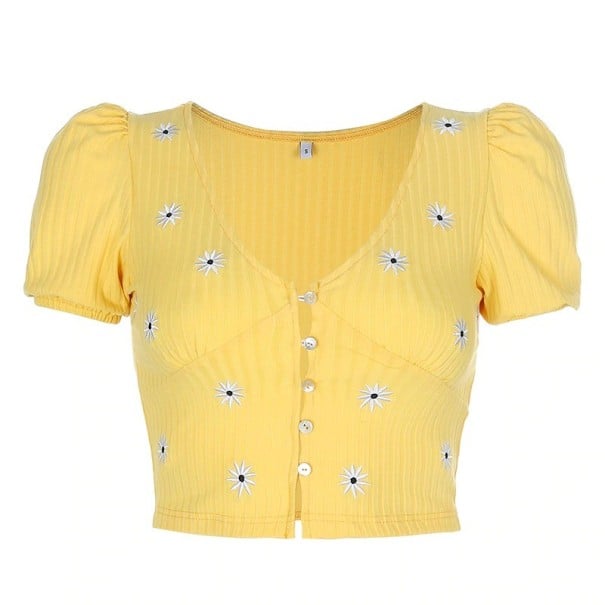 Dámsky žltý crop top s kvetinami M