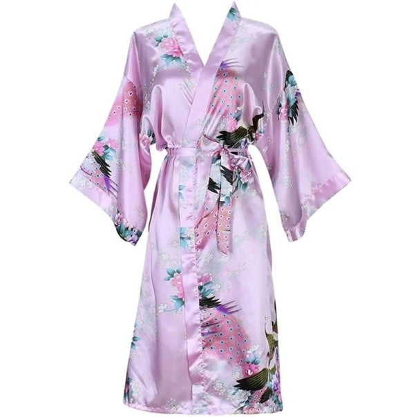 Dámský župan s květinovým motivem Elegantní lehký župan z imitace hedvábí Zavazování v pase na tkaničku Jemný polyester a hedvábný efekt pro domácí pohodlí růžová M