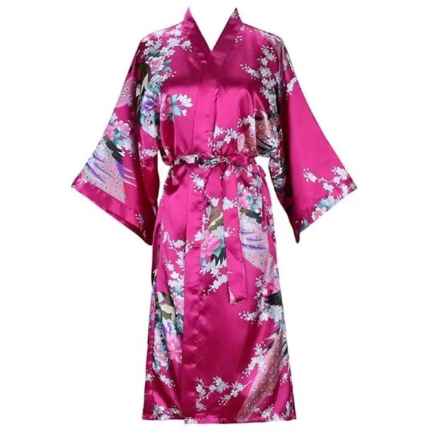 Dámský župan s květinovým motivem Elegantní lehký župan z imitace hedvábí Zavazování v pase na tkaničku Jemný polyester a hedvábný efekt pro domácí pohodlí světle růžová XL