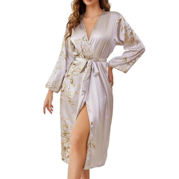 Dámský župan s květinovým vzorem Lehký elegantní župan se zavazováním v pase na tkaničku Jemný polyester pro domácí pohodlí relaxaci a každodenní nošení stříbrná XL
