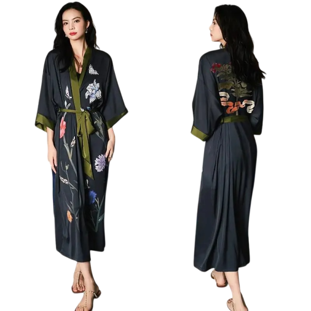 Dámský župan univerzální velikost Černá barva S květinovým motivem Zavazování kolem pasu Elegantní lehký župan z umělého hedvábí a polyesteru 1