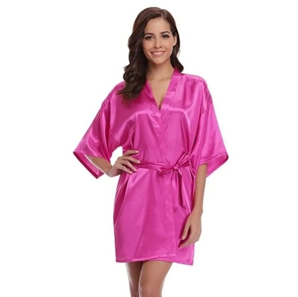 Dámský župan z imitace hedvábí Lehký elegantní župan se zavazováním v pase na tkaničku Jemný polyester pro pohodlné domácí nošení a relaxaci růžová S
