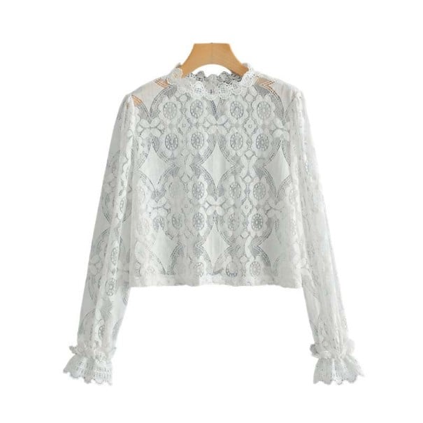 Damspetsblus med lång ärm Vit genomskinlig spets med blommönster Volanger på ärmarna Hög krage Bomull och polyester M