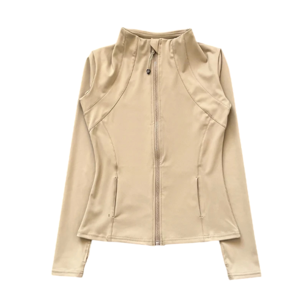 Damsportjacka med ståkrage Slim-fit Snabbtorkande material som andas Tumhål Invändig mobiltelefonficka beige S