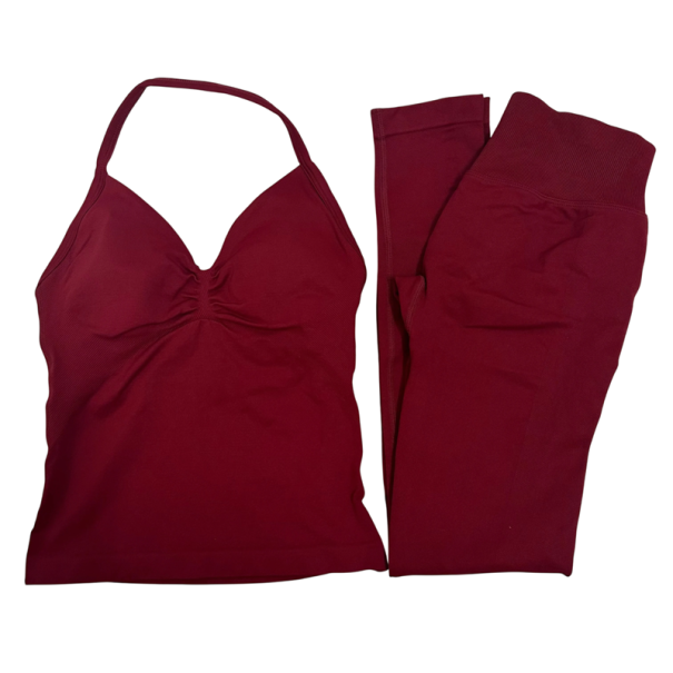 Damsportset med leggings och linne, enfärgat, nylon, polyester, bekvämt och stiligt för fitness och träning vinröd S