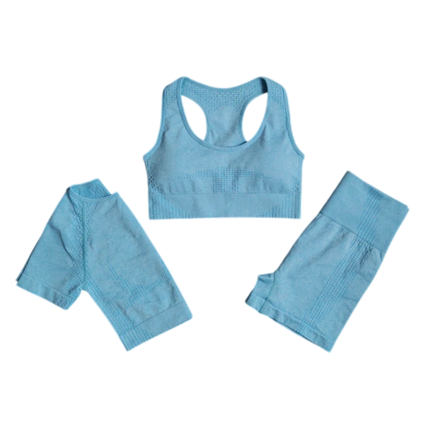 Damsportset Shorts sportbh och t-shirt med kort ärm Enfärgat fitnessset i nylon blå M