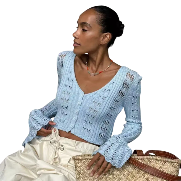 Damstickad kardigan med V-ringning Enfärgad tröja med knappar och utsvängda ärmar Elegant mode tröja Polyester och bomull blå L