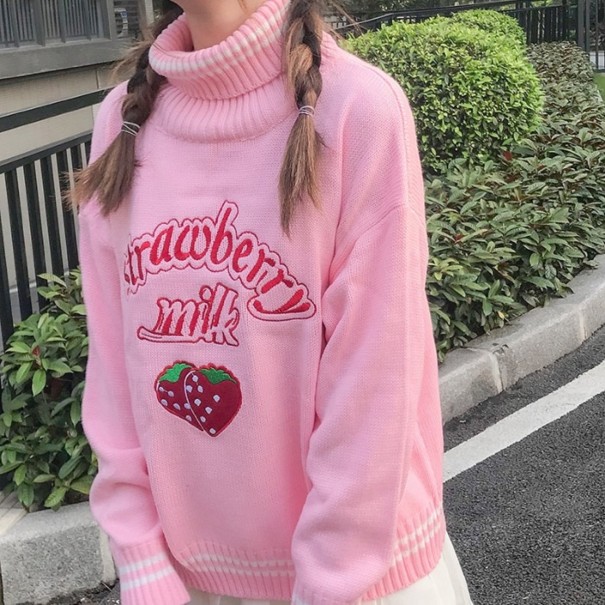 Damstickad turtleneck med jordgubbe rosa