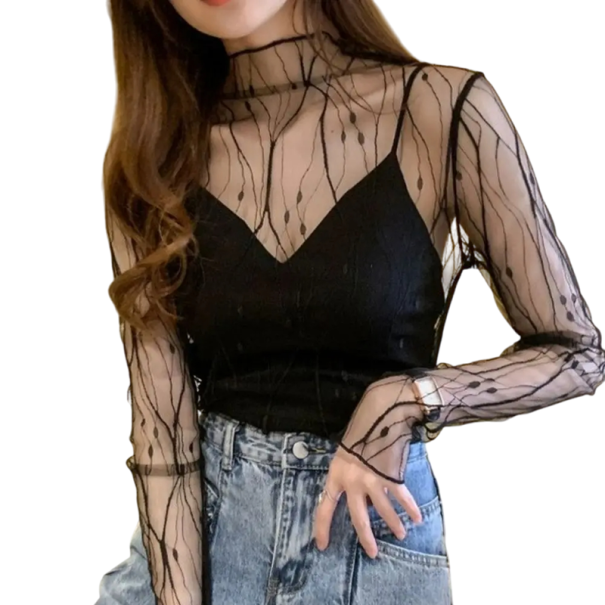 Damtopp med långa ärmar Elegant blus med mönster Topp med lager på lager och polotröja Snygg outfit för fest eller stan svart