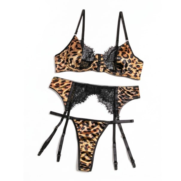 Damtrio-set med leopardmönster och svart spets bh med byglar strumpebandshållare med strumpeband och tanga M