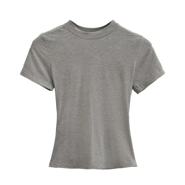 Damtröja med kort ärm Enkel rund halsringning Elegant resårtopp för vardagsbruk Modern t-shirt med smal passform grå L