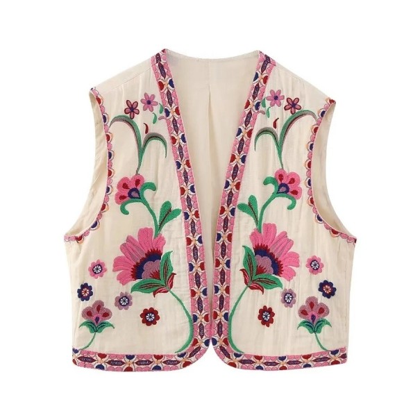 Damväst med blommönster V148 krämfärgad XS