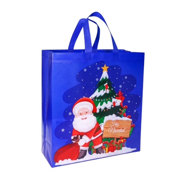 Darčeková taška s vianočným motívom Santa Clausa a vianočným stromčekom 35 x 38 cm Netkaná textília Opakovane použiteľná taška na dary modrá