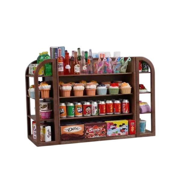 Dark Brown 4-Shelf Mini Supermarket with 30 Food and Drink Items Simulation Toy Shop Stand for Role Play 1