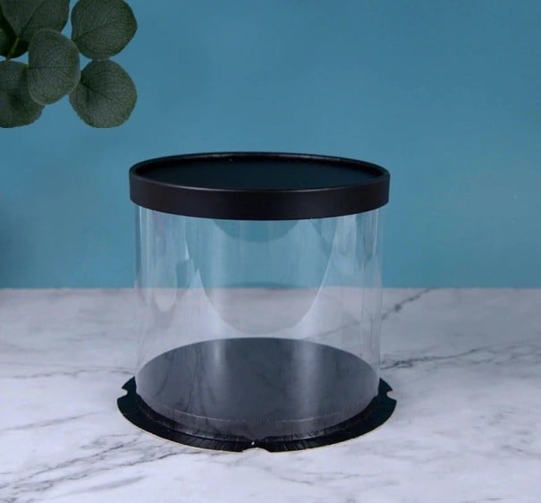 Dárková krabička válcová skládací 16 × 18 cm plastová s víkem barevné balení na dort cukroví dárky průhledná dóza černá