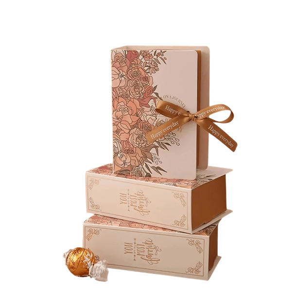 Dárková krabička ve tvaru knihy s květinovým motivem 13 × 9 × 4,5 cm papírová krabička na šperky, bonbony nebo drobné dárky Champagne