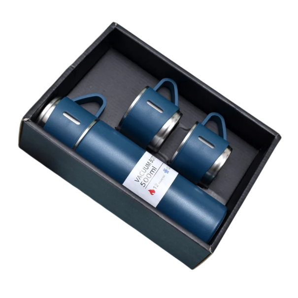 Dárková sada termosky s hrníčky 500 ml Nerezová termoska 23,9 × 6,6 cm se 3 hrníčky 6,6 × 5,9 cm Tepelná izolace 6–12 hodin Cestovní sada modrá